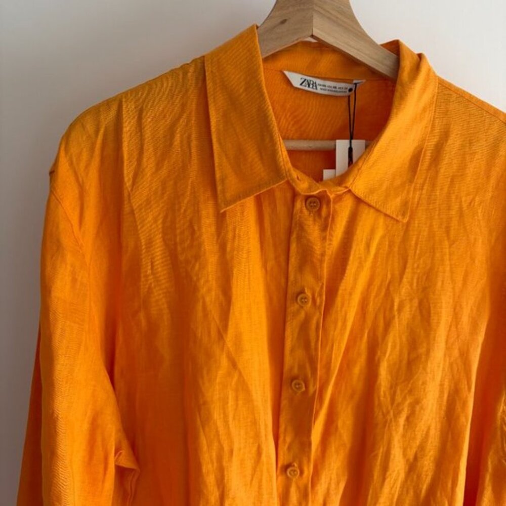 ZARA Linen Orange Button Down Collared Shirt NWT - image 8